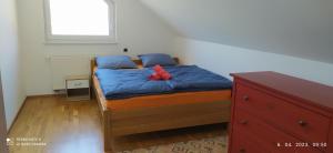 a bedroom with a bed with blue sheets and a red pillow at Villa FRIDA in Rogaška Slatina