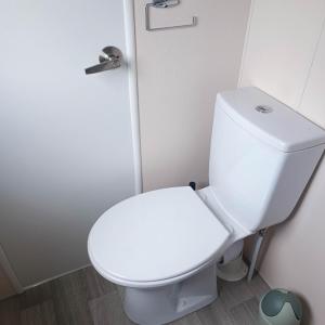 a bathroom with a white toilet in a room at Caravan Aan Zee Arnani in Middelkerke