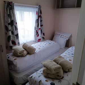 a bedroom with two twin beds and a window at Caravan Aan Zee Arnani in Middelkerke