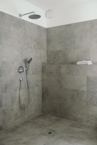 a shower with a shower head in a bathroom at Moselhaus by Clüsserath-Wittmann in Trittenheim
