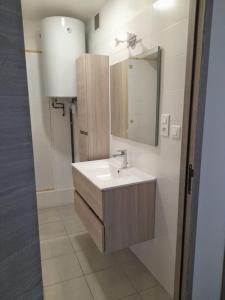 łazienka z umywalką i lustrem w obiekcie Appartement lumineux et central w mieście Propriano +29 zdjęć