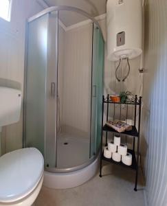 a bathroom with a shower and a toilet and towels at Mobile Homes Camping Biograd in Biograd na Moru