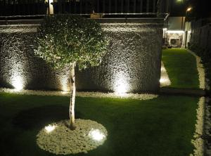 un albero in mezzo a un cortile con luci di La Finestra sui Faraglioni ad Aci Castello