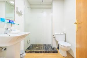 La salle de bains est pourvue de toilettes et d'un lavabo. dans l'établissement Hotel Madrid, à Torrevieja