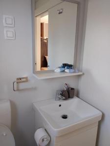 ein weißes Badezimmer mit einem Waschbecken und einem Spiegel in der Unterkunft Mobile Home Katja in Banjole
