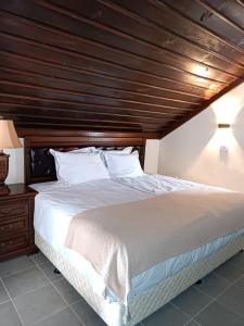 1 dormitorio con 1 cama grande y techo de madera en Loven dom Berovo, en Berovo
