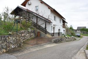 a house with a stone wall next to a street at Apartma Silvia in Metlika