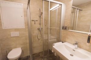 a bathroom with a shower and a toilet and a sink at Apartment am Sonnenhang - Top 3 in Neukirchen am Großvenediger