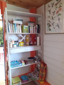 une étagère dans une pièce avec des livres dans l'établissement Le gîte du pêcheur, à La Trinité