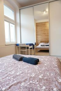 a bedroom with a large bed with a large mirror at Cosy Balcony Apartment in Grudziądz