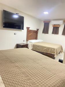 シウダー・バージェスにあるHotel El Miradorのベッド2台、薄型テレビが備わるホテルルームです。