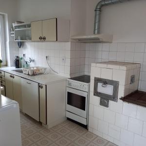 捷克克魯姆洛夫的住宿－Vila Hesha，一间厨房,配有白色家电和白色瓷砖