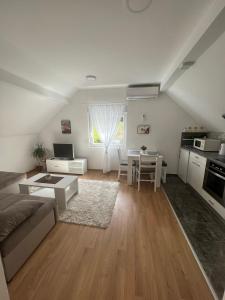 uma sala de estar com um sofá e uma mesa em Apartman Biki em Banja Koviljača