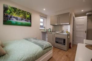 a bedroom with a bed and a kitchen with a sink at Self-contained annex with private entrance, double bed, kitchen, bathroom, free car park - Near Cambridge, Duxford Air Museum and Addenbrooke's Hospital in Cambridge