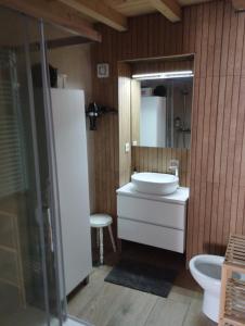 ein Badezimmer mit einem Waschbecken, einem WC und einem Spiegel in der Unterkunft Casas del Castillo, 4 in Avila