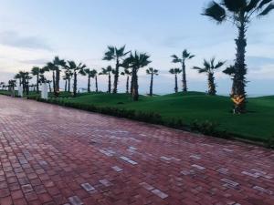 a brick road with palm trees in the background at Porto Said Resort Rentals in Port Said