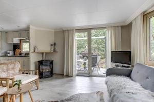 a living room with a couch and a fireplace at Norgerchalet in Norg