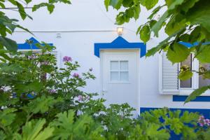 een blauw-wit huis met een raam bij Cem Sentido - Alentejo Apartments in Portalegre