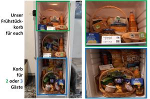 two pictures of a refrigerator with food in it at FaFeWo Ferienwohnungen mit Sternekomfort in Tanne Harz in Tanne