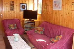 ein Wohnzimmer mit zwei lila Sofas und einem TV in der Unterkunft Location Vacances Des 4 Vents in Girmont-Val-dʼAjol