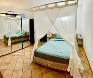 a bedroom with a canopy bed and a mirror at La Galería in Calera