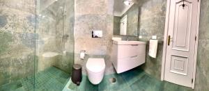 een badkamer met een toilet en een glazen douche bij La Galería in Calera