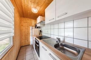 uma pequena cozinha com um lavatório e uma janela em Bungalow 03 em Sondershausen