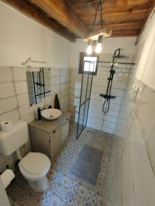 a bathroom with a toilet and a sink and a shower at Három Dió Vendégház in Nyim