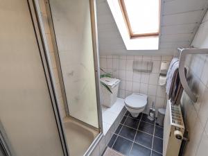 a small bathroom with a shower and a toilet at Ferienwohnung Madenburgblick in Eschbach