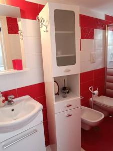 焦維納佐的住宿－Casa Vacanza Raggio di sole，红色和白色的浴室设有水槽和卫生间
