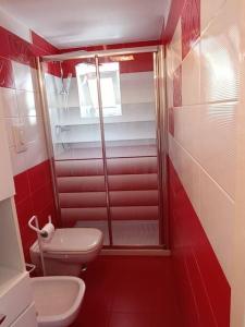 ein rotes Bad mit einem WC und einer Dusche in der Unterkunft Casa Vacanza Raggio di sole in Giovinazzo