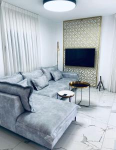 een woonkamer met een bank en een tv bij Boutique Penthouse by Weizmann - פנטהאוס בוטיק in Rechovot