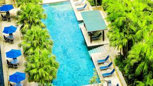 an aerial view of a pool with palm trees and blue umbrellas at Amara Singapore in Singapore
