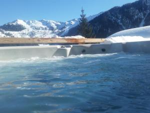 a hot tub with snow covered mountains in the background at Chalet Chocolat in La Tzoumaz