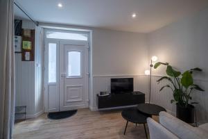 een woonkamer met een bank, een tafel en een televisie bij The Adour - Apartment 42 m in Vic-en-Bigorre