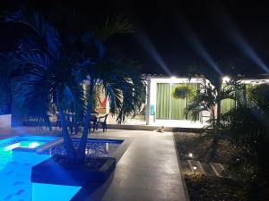 a house with a pool and palm trees at night at Casa campestre melgar herradura con piscina privada in Melgar