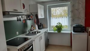 uma pequena cozinha com um lavatório e uma janela em Fewo Am Heidestrandbad em Hemmoor