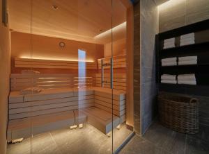 a bathroom with a sauna with a glass wall at Adina Apartment Hotel Vienna Belvedere in Vienna +23 photos