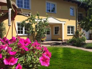 ein Haus mit rosa Blumen davor in der Unterkunft Ferienwohnung Mühlenblick in Benz