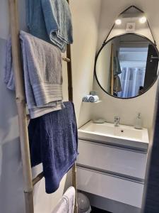 ein Badezimmer mit einem Waschbecken, einem Spiegel und Handtüchern in der Unterkunft Le Saint Roch 2 - AC CLIM - WIFI - 50m Centre ville in Avignon