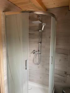 a shower with a glass door in a bathroom at Sosnowy Domek Piętro in Graboszyce