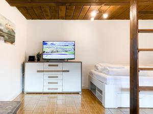a bedroom with a bed and a television on a dresser at The Studio by Apartment Wilky in Kaprun