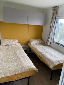 two beds in a room with a window at Agricamping Zanina 9 in Peschiera del Garda