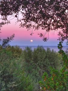 a sunset over the ocean with the moon in the sky at porto frailis Arbatax casa vista mare in Àrbatax