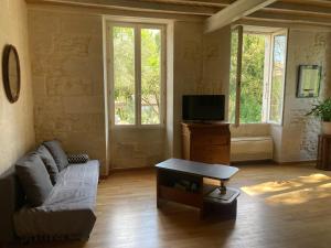 a living room with a couch and a tv at Les Ganivelles in Saint-Dizant-du-Gua