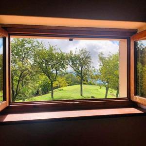 a window with a view of a field of trees at Rifugio Valomagna in Falciano