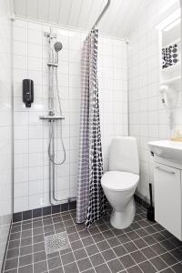 a bathroom with a toilet and a shower at Lagunen Cottages and Hostel in Strömstad