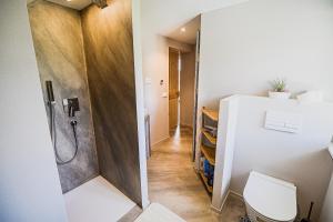 a bathroom with a shower and a toilet at Mountain View Apartment with Sauna in Cerklje na Gorenjskem