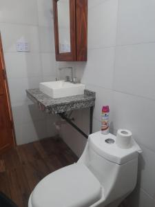 uma casa de banho com um WC branco e um lavatório. em Casa ROCIO em Chimbas