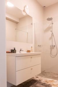 uma casa de banho branca com um lavatório e um chuveiro em Baltivia haus em Gdynia